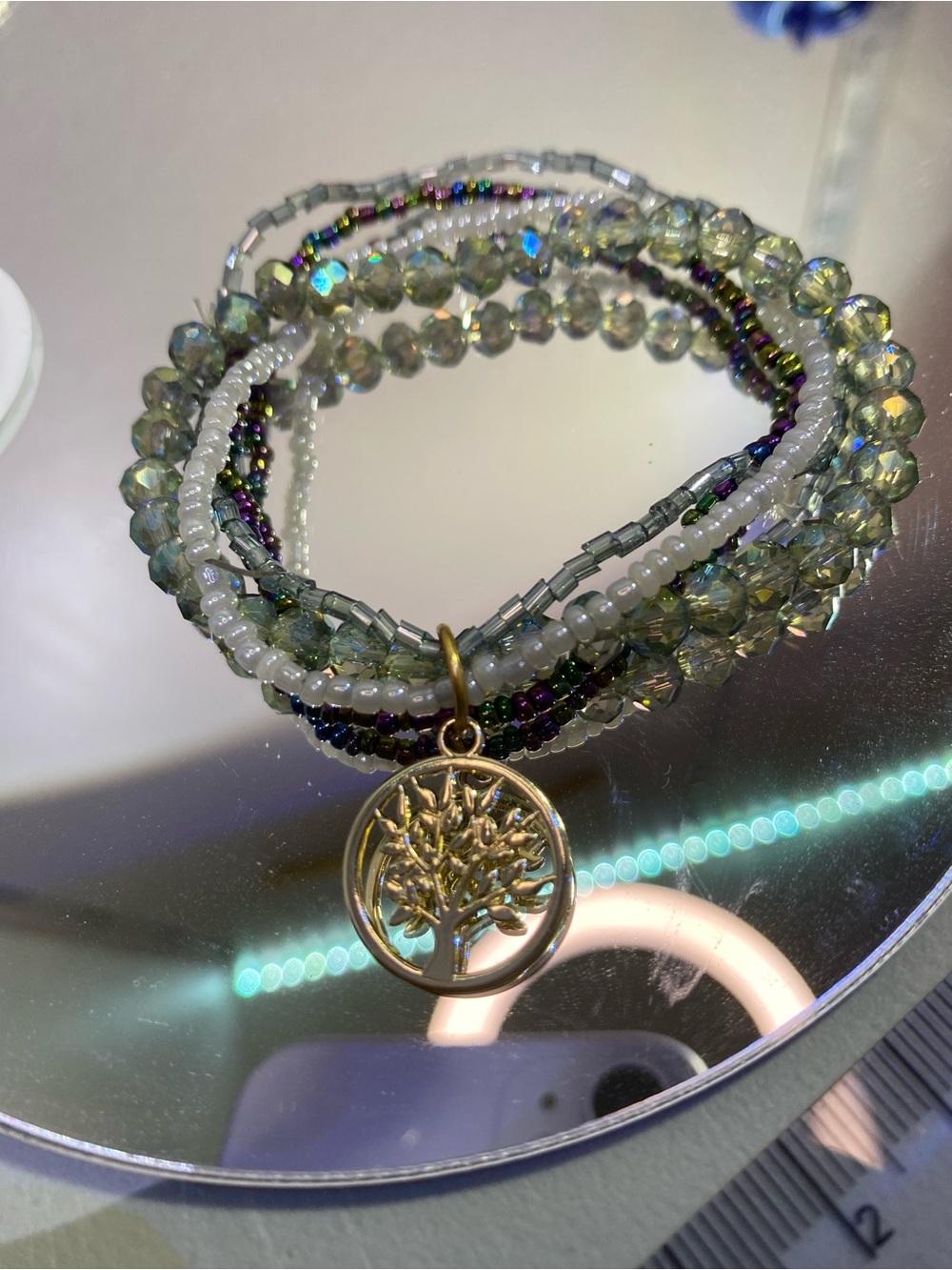 Gold Tree of Life Multi-Strand Green Beaded Bracelet - Picture 2 of 7